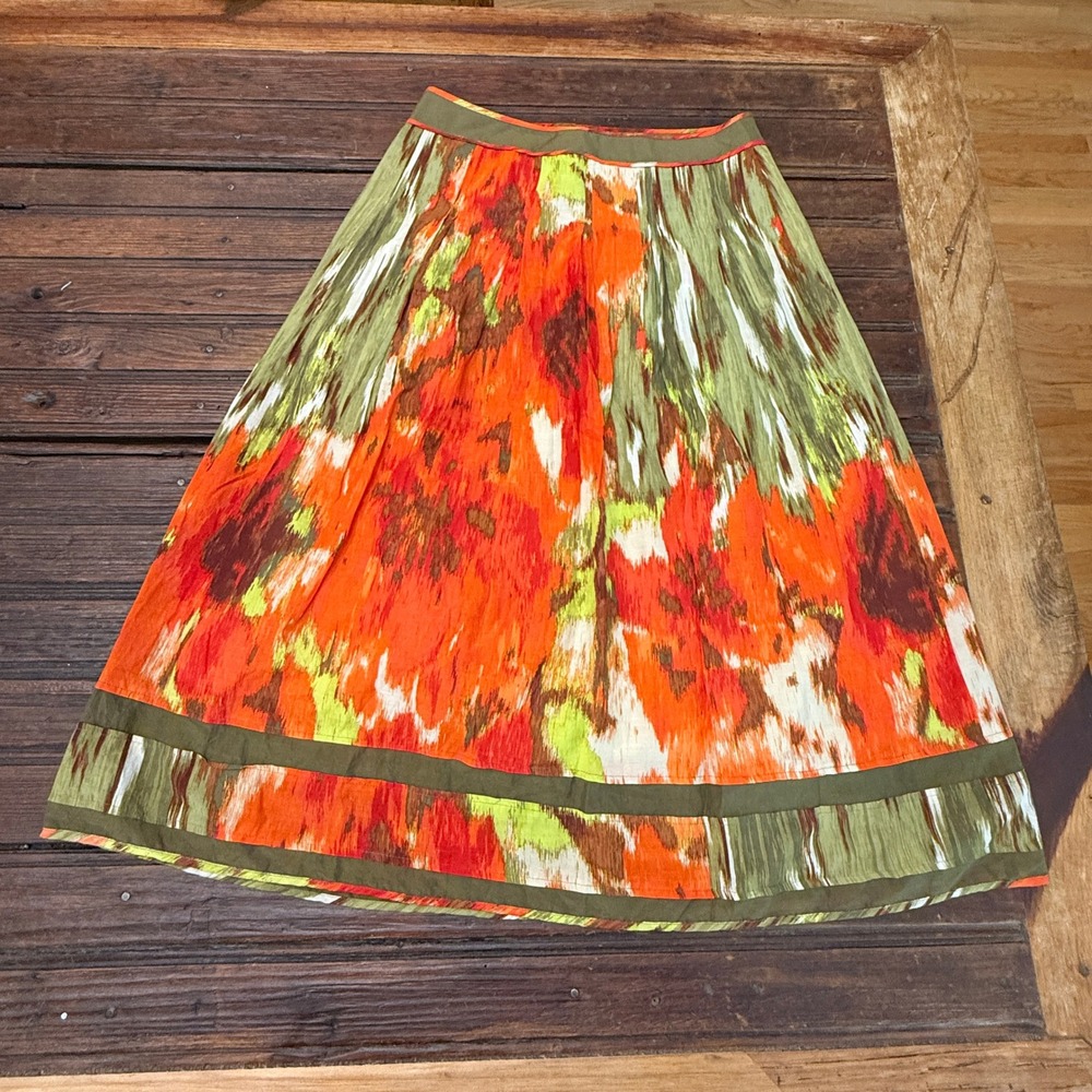 Talbots Orange Olive Green Abstract Ikat Floral A-Line Midi Skirt 4